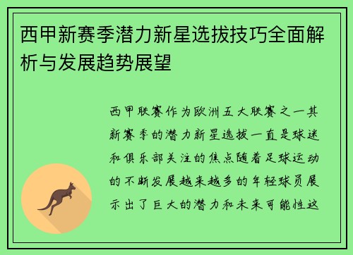 西甲新赛季潜力新星选拔技巧全面解析与发展趋势展望